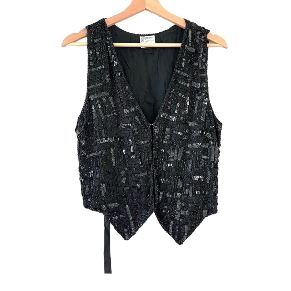 Vintage 100% Silk Sequins Tuxedo Vest Women's Size‎ Small
